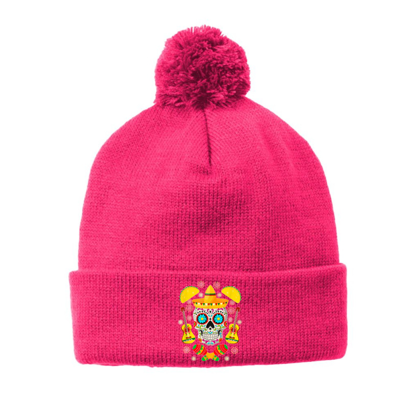 Fiesta Party Sugar Skull Rose Calavera Mexican Cinco De Mayo Pom Pom Beanie by CharlesLCross | Artistshot