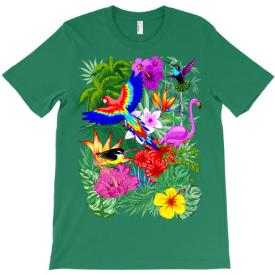 Wild Birds And Tropical Nature Summer Exotic Pattern T-shirt Designed By Thechameleonart