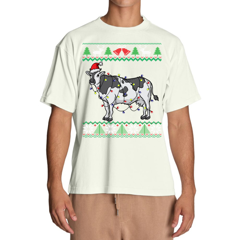 Cow Santa Claus & Lights Funny Dairy Farmer Ugly Christmas Sweatshirt Urban Heavy T-shirt | Artistshot