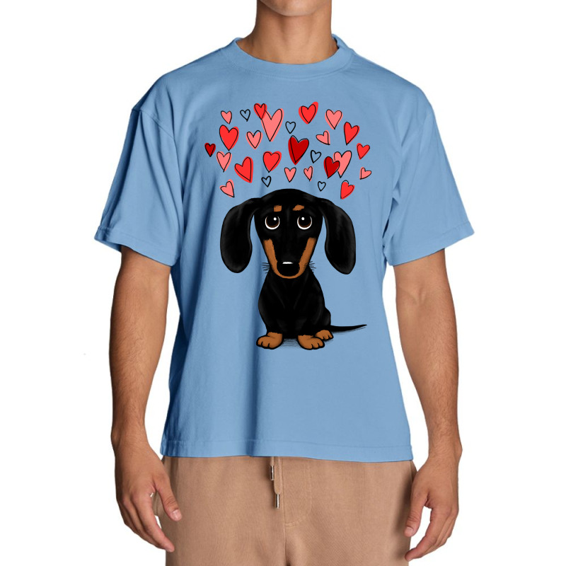 Dachshund Dog Black And Tan Dachshund With Valentine Hearts Cute Carto Urban Heavy T-shirt by coolquirrell | Artistshot