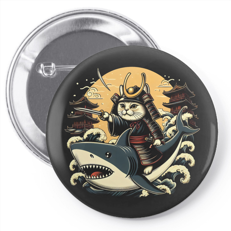 Ninja Cat Samurai Riding Shark Pin-back Button | Artistshot