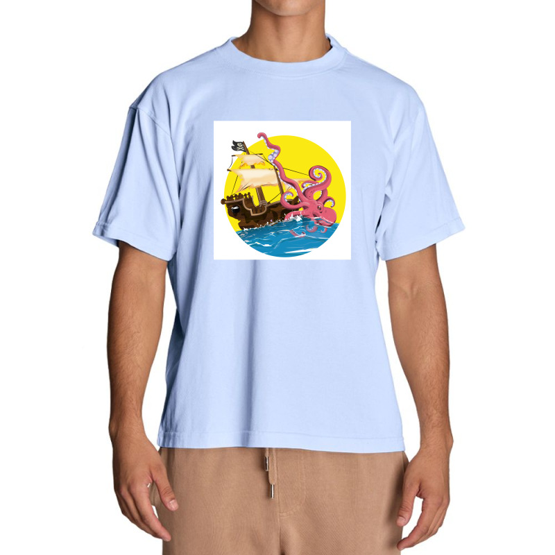 Cartoon Pirate Ship Giant Squid Attack! Urban Heavy T-shirt by saterseim | Artistshot