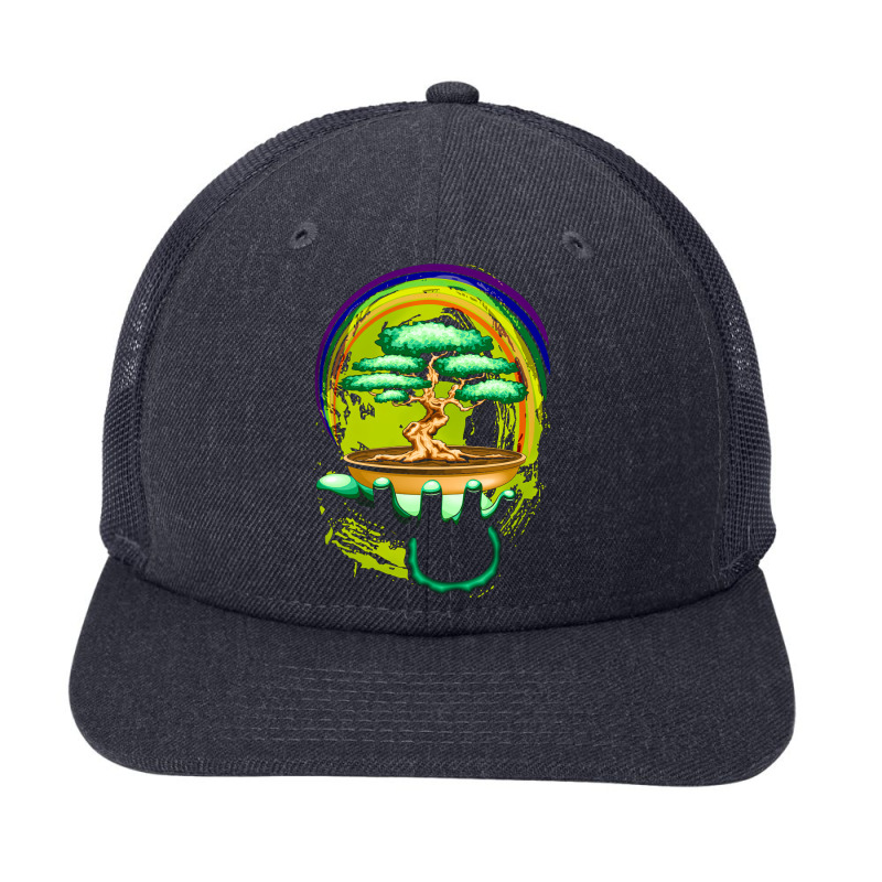 Bonsai Tree And Rainbow On Green Hand, Bonsai Tree, Rainbow On Green H Snapback Trucker Cap | Artistshot