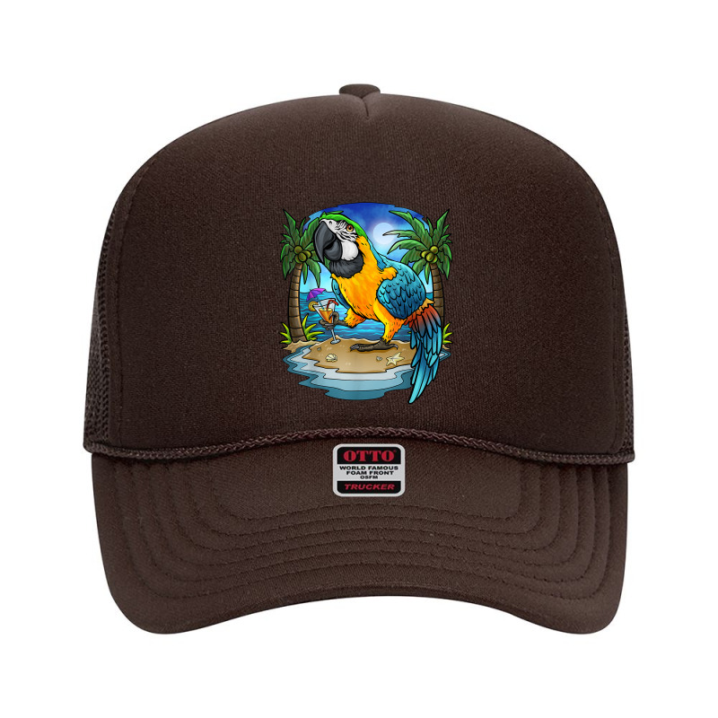 Blue And Gold Macaw Parrot Drinking Margaritas Vacation Bird T Shirt Foam Trucker Hat by cm-arts | Artistshot