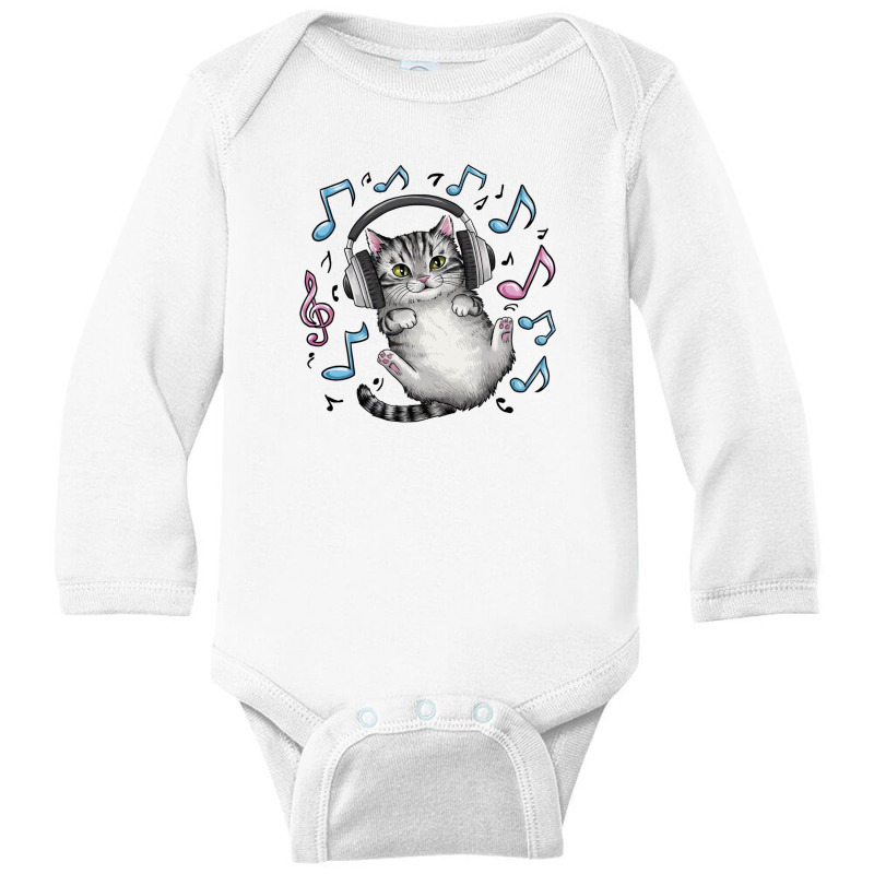 A Cat Wearing Earphones Long Sleeve Baby Bodysuit by Kenneth | Artistshot