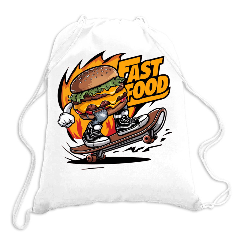 A Burger Riding A Skateboard Drawstring Bags | Artistshot