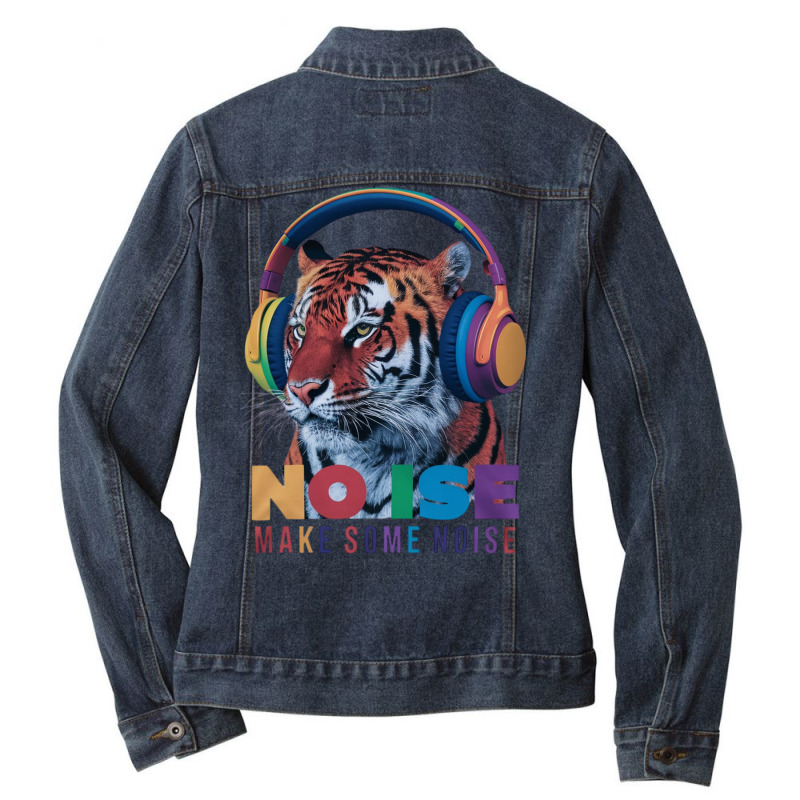 A Tiger Wearing Headphones Ladies Denim Jacket by Donna Schennum | Artistshot