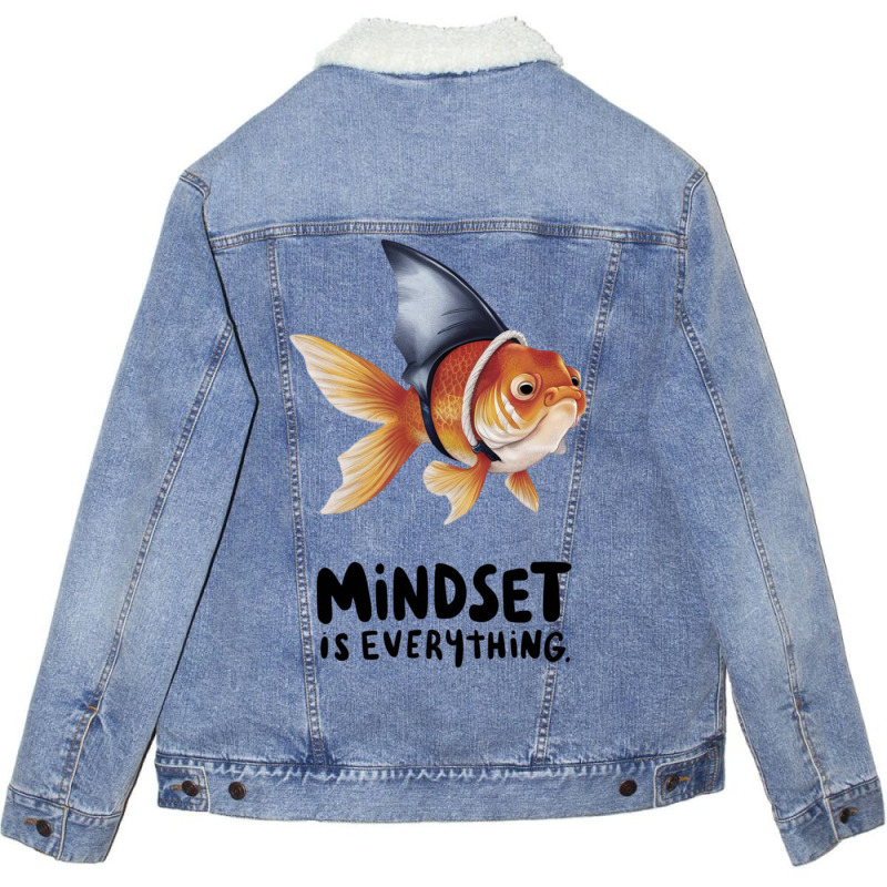 A Goldfish Wearing An Artificial Shark Fin Unisex Sherpa-Lined Denim Jacket by John Nichols | Artistshot