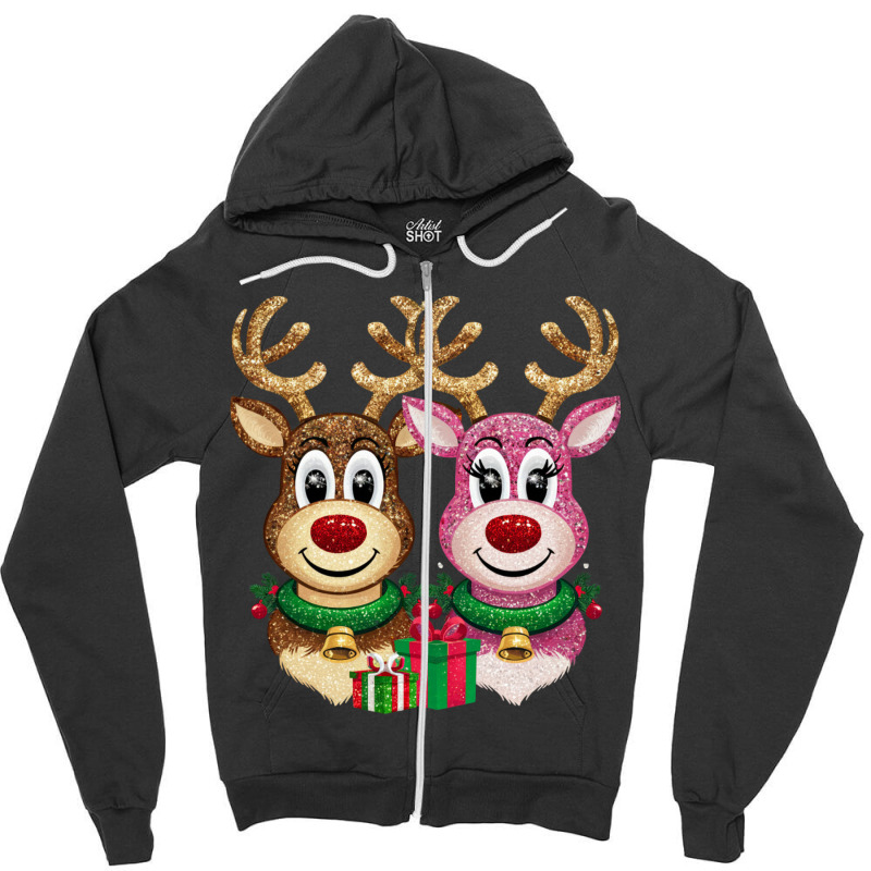 Two Glittery Reindeer Faces Side By Side Zipper Hoodie by Charity Aduset | Artistshot