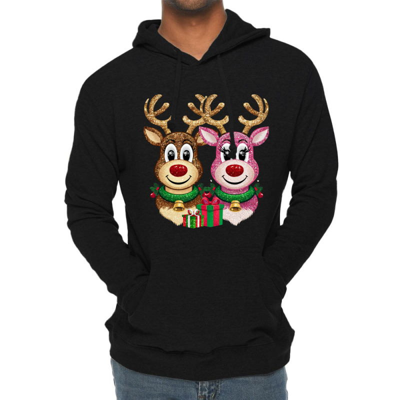 Two Glittery Reindeer Faces Side By Side Lightweight Hoodie by Charity Aduset | Artistshot