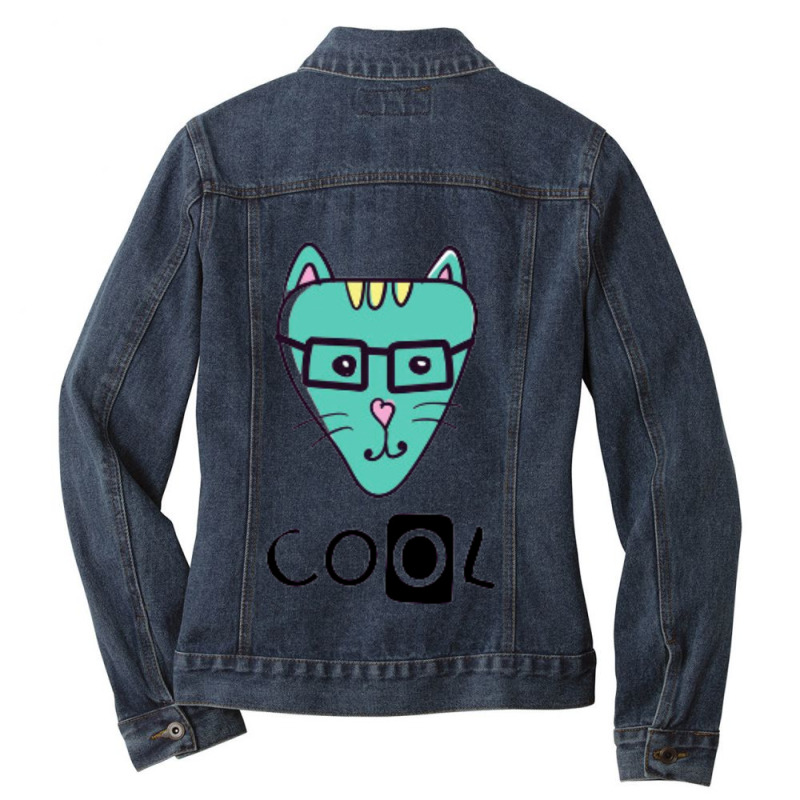 Cool Cat Slogan And Face Cat Ladies Denim Jacket by John Nichols | Artistshot