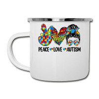 Peace Love Autism Mom Life Messy Bun Blue Autism Awareness T Shirt Camper Cup | Artistshot