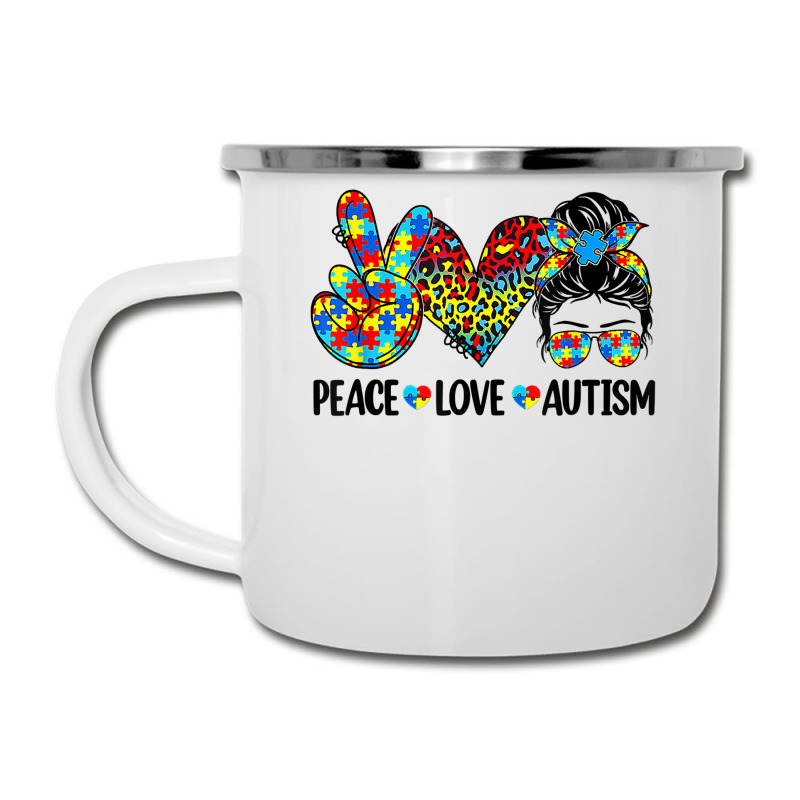 Peace Love Autism Mom Life Messy Bun Blue Autism Awareness T Shirt Camper Cup | Artistshot