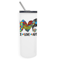 Peace Love Autism Mom Life Messy Bun Blue Autism Awareness T Shirt Skinny Tumbler | Artistshot