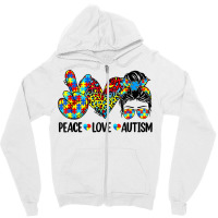 Peace Love Autism Mom Life Messy Bun Blue Autism Awareness T Shirt Zipper Hoodie | Artistshot