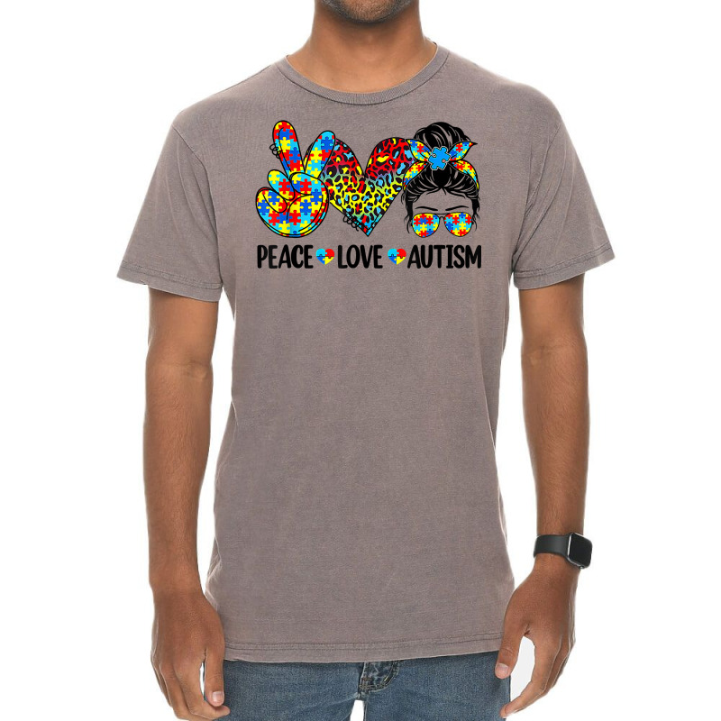 Peace Love Autism Mom Life Messy Bun Blue Autism Awareness T Shirt Vintage T-shirt | Artistshot