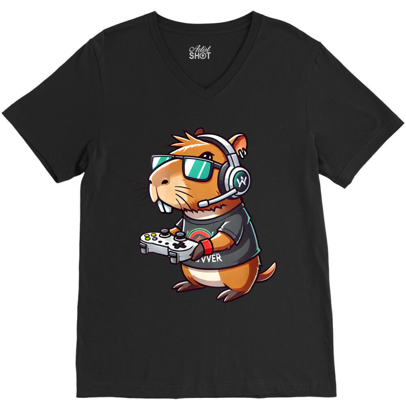 Funny Capybara Gamer Headphone Shades V-Neck Tee by Sandy | Artistshot