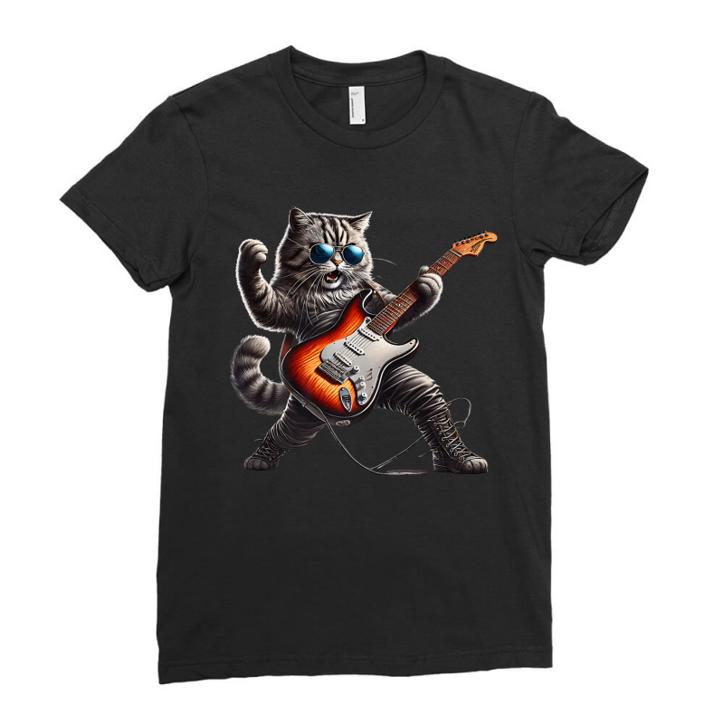 Rock Cat Jamming On Guitar Ladies Fitted T-Shirt by Rebecca Mitchell | Artistshot