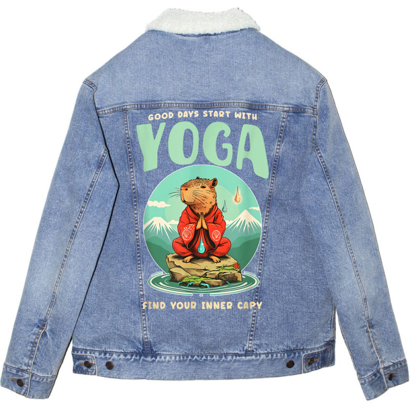 Good Days Start With Yoga Find Your Inner Capy Unisex Sherpa-Lined Denim Jacket by Rebecca Mitchell | Artistshot