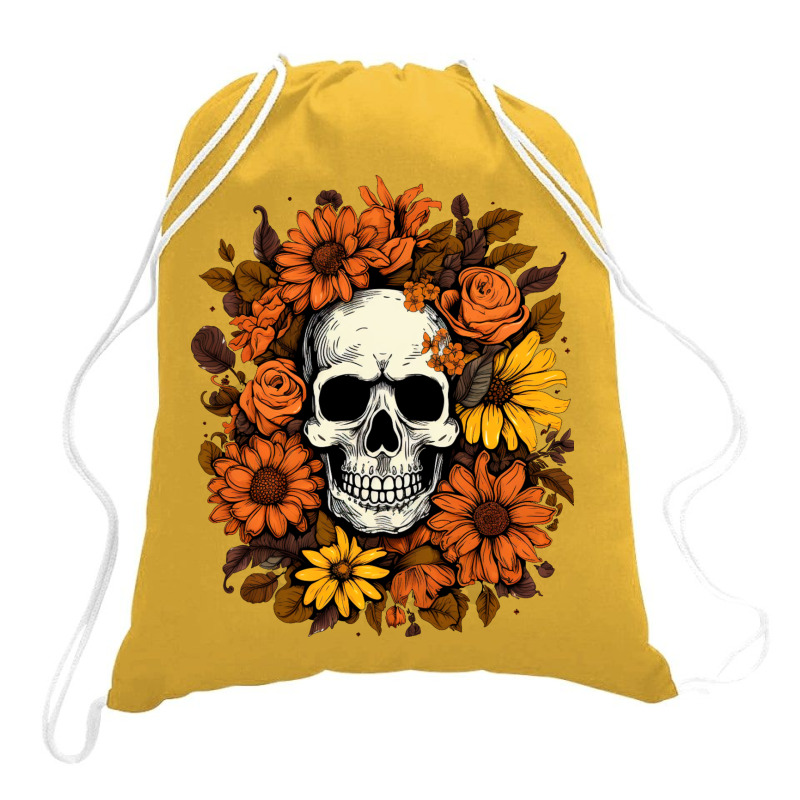 Skull And Flowers Drawstring Bags | Artistshot