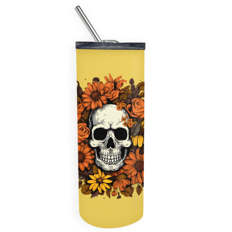 Skull And Flowers Skinny Tumbler | Artistshot