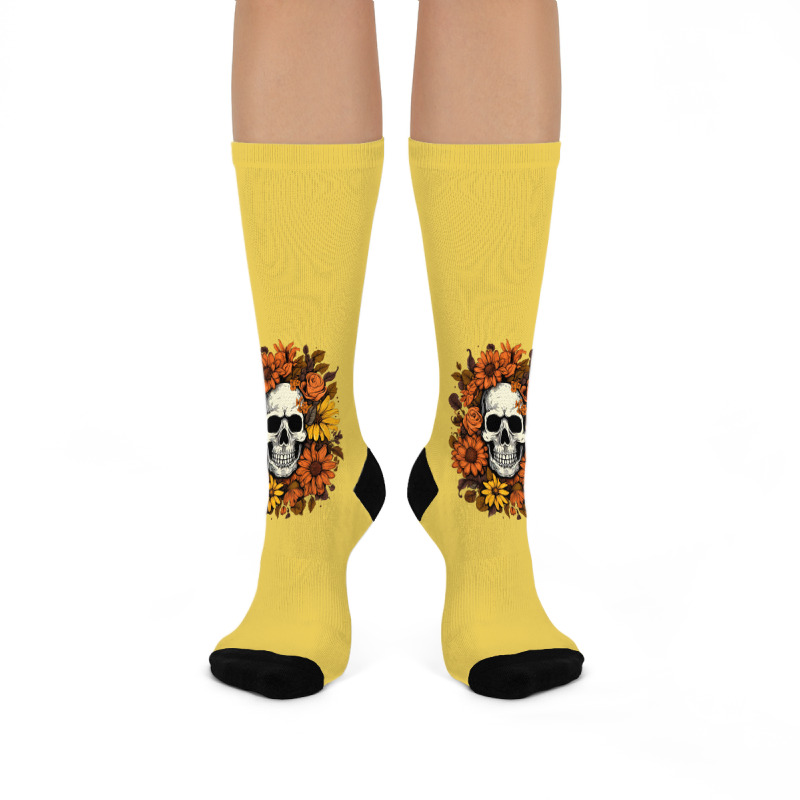 Skull And Flowers Crew Socks | Artistshot