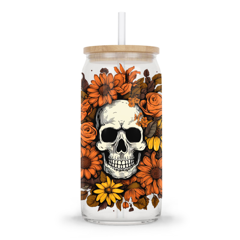 Skull And Flowers Glass Tumbler | Artistshot