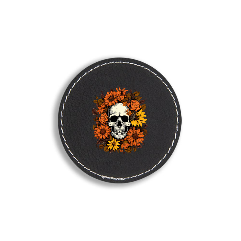 Skull And Flowers Round Leatherette Patch | Artistshot