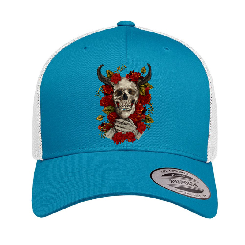 Bull Human Skull With Roses Retro Trucker Cap by RanaPortraitStore | Artistshot