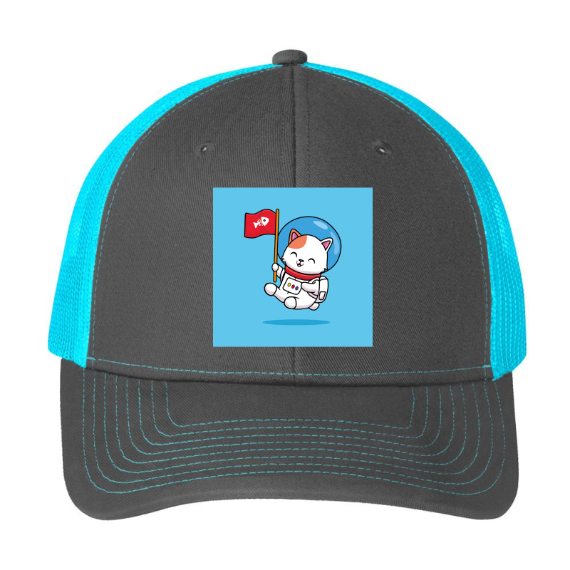 Funny Happy Flying Cute Cat With A White Space Suit Rising A Red Skele Pa Trucker Cap by King Davila | Artistshot