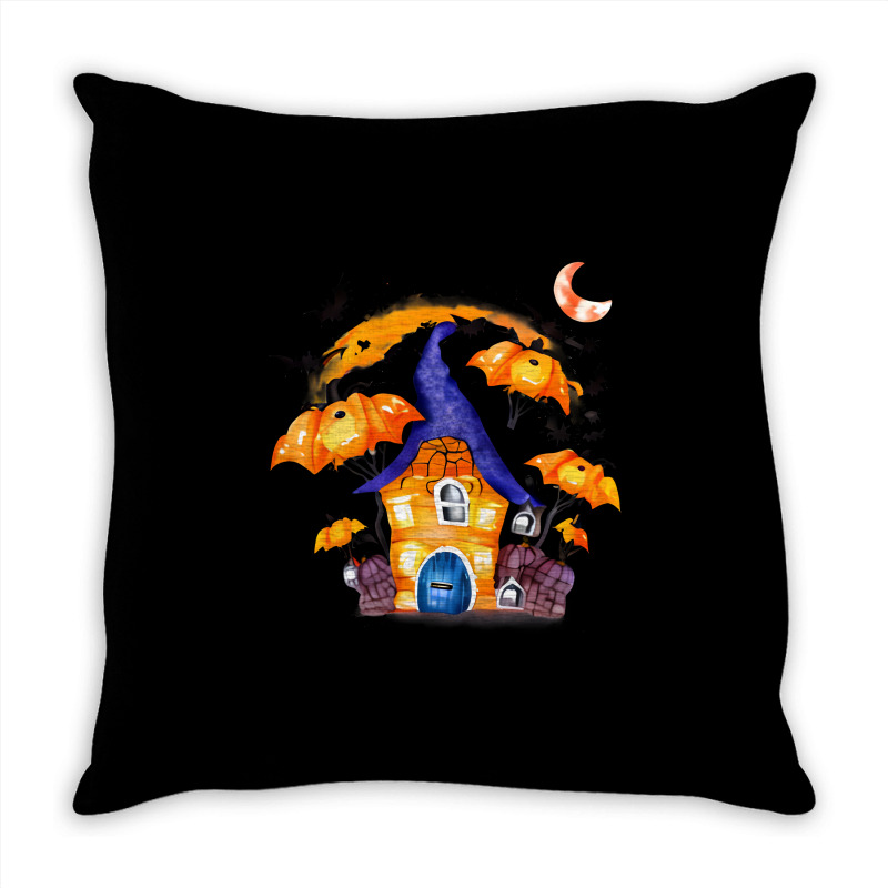 Whimsical Pumpkin House With Witch Throw Pillow | Artistshot