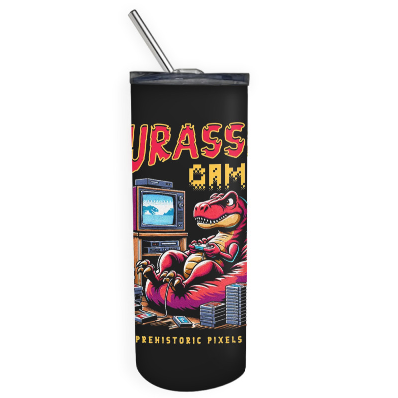 T Rex Playing Retro Games Skinny Tumbler | Artistshot