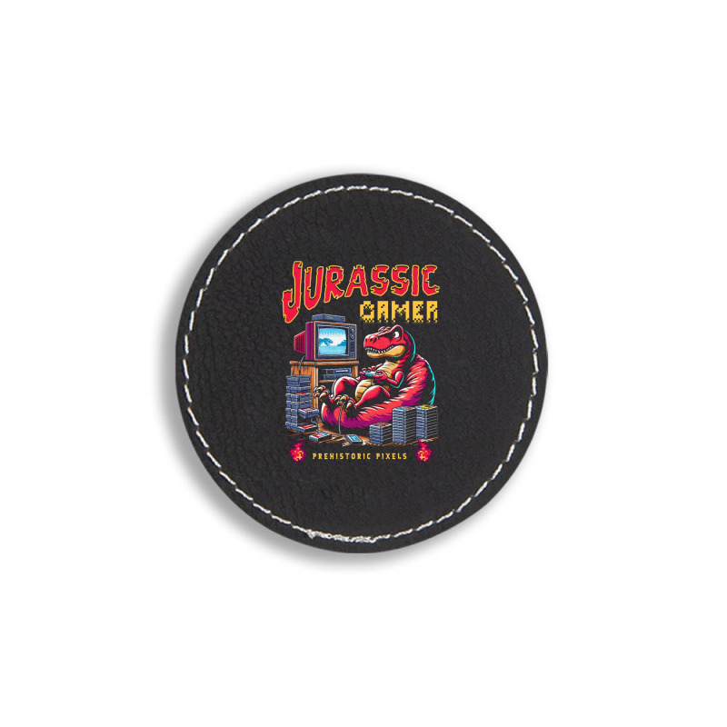 T Rex Playing Retro Games Round Leatherette Patch | Artistshot