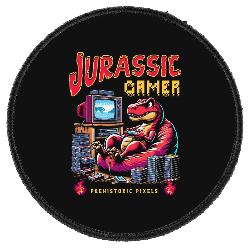 T Rex Playing Retro Games Round Patch | Artistshot