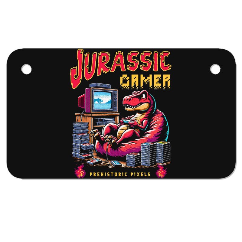 T Rex Playing Retro Games Motorcycle License Plate | Artistshot