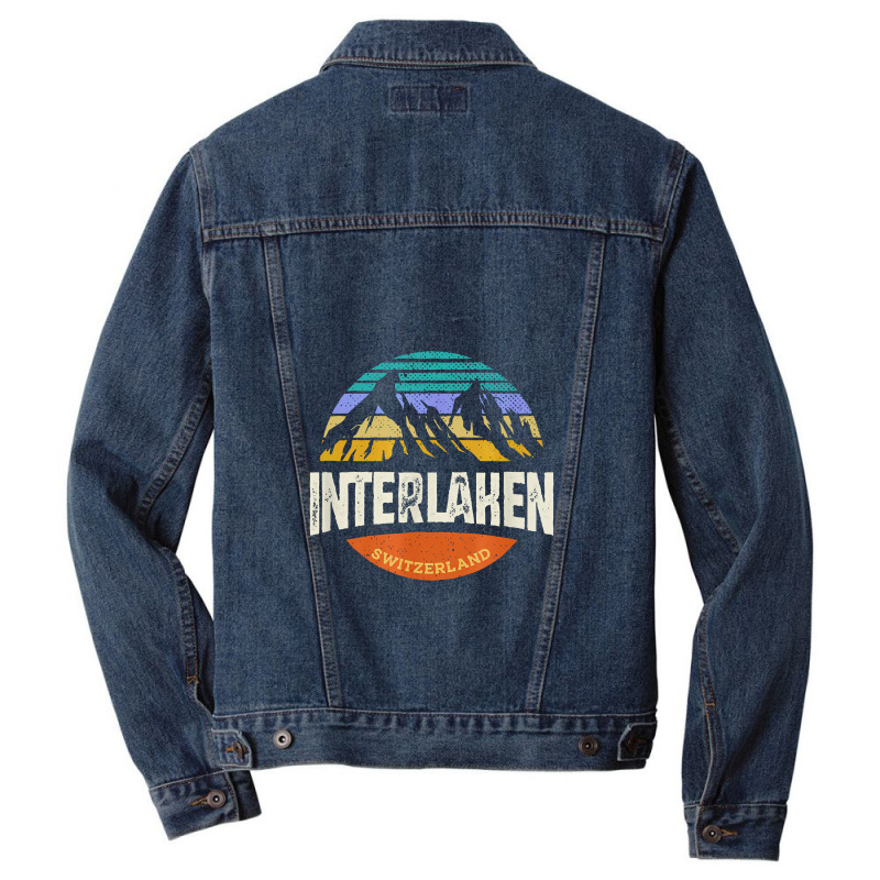 Interlaken Switzerland Vintage Mountain Sunset Men Denim Jacket by kamandhani | Artistshot