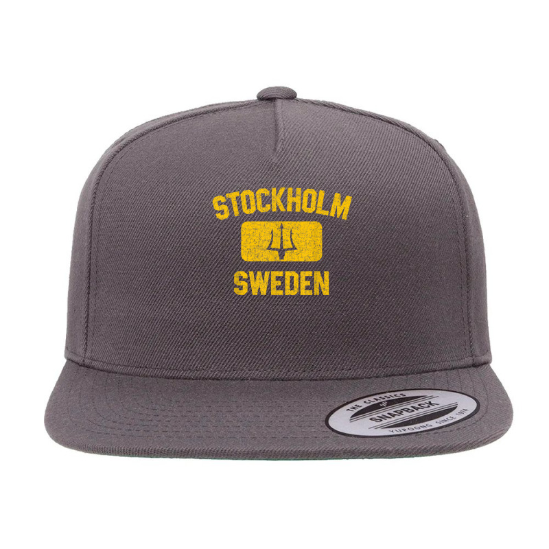 Stockholm Sweden Trident Gym Style Distressed Yellow Print 5 Panel Snapback Cap | Artistshot