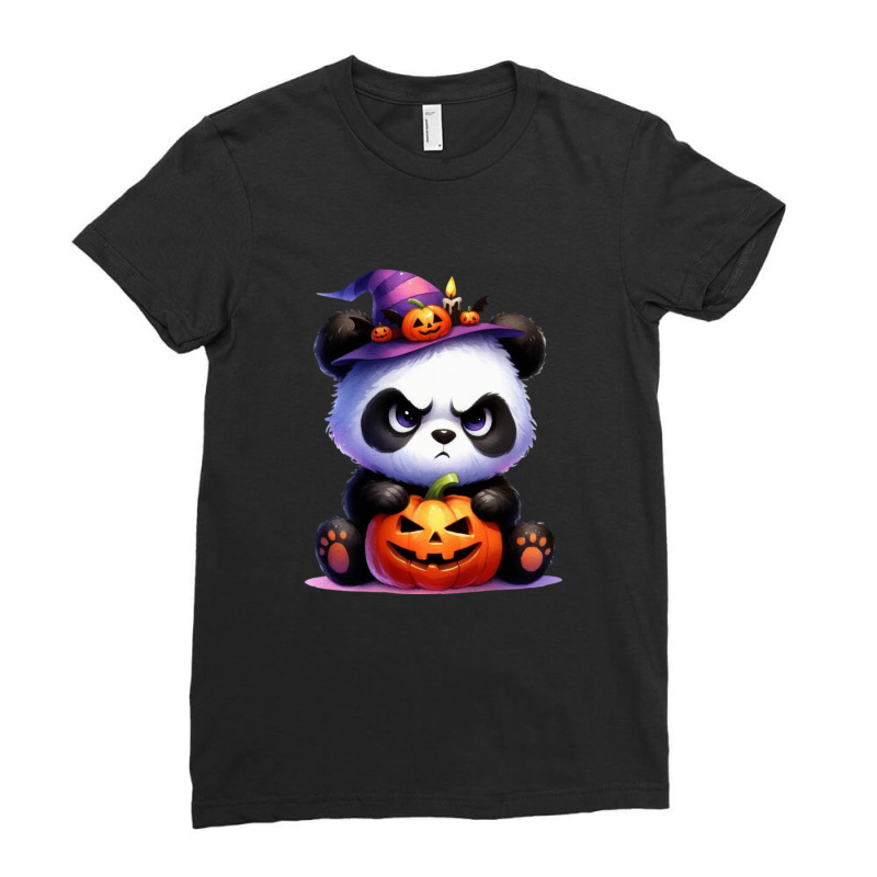 Halloween Day - Cute Panda With Pumpkin Ladies Fitted T-Shirt by denbey | Artistshot