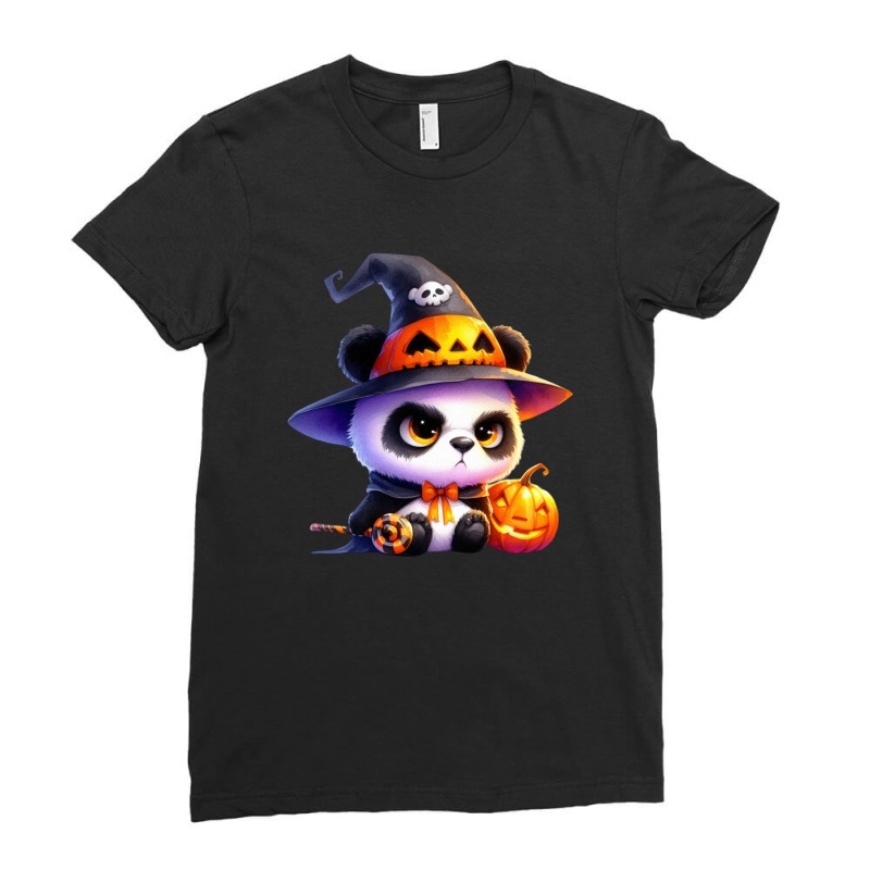 Witch Halloween Panda Animal Cute Pumpkin Ladies Fitted T-Shirt by denbey | Artistshot