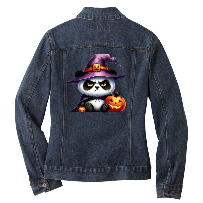 Halloween Day - Panda Cute With Pumpkin Witch Ladies Denim Jacket by denbey | Artistshot