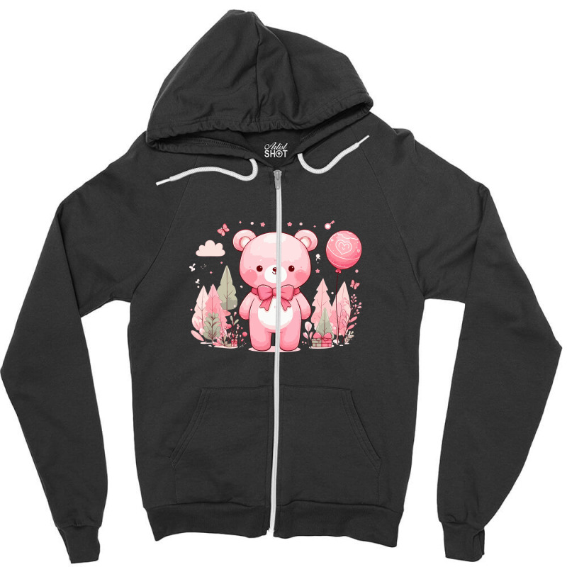 Bear Pink Cute Zipper Hoodie | Artistshot