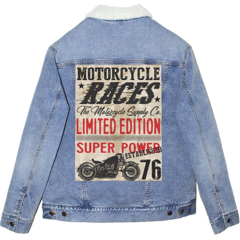 Motorcycle, Races, Limited Edition, Super Power Unisex Sherpa-Lined Denim Jacket by HILstore | Artistshot