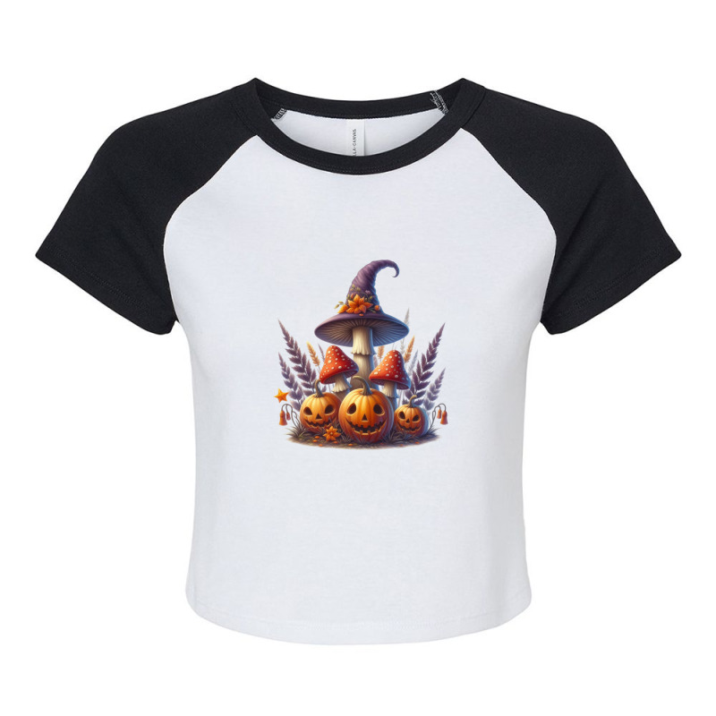 Halloween Pumpkin Mushroom Raglan Crop Top by risedesignid | Artistshot