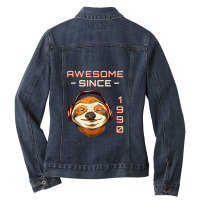 Sloth W Headphones I Awesome Since 1990   32th Birthday Ladies Denim Jacket | Artistshot