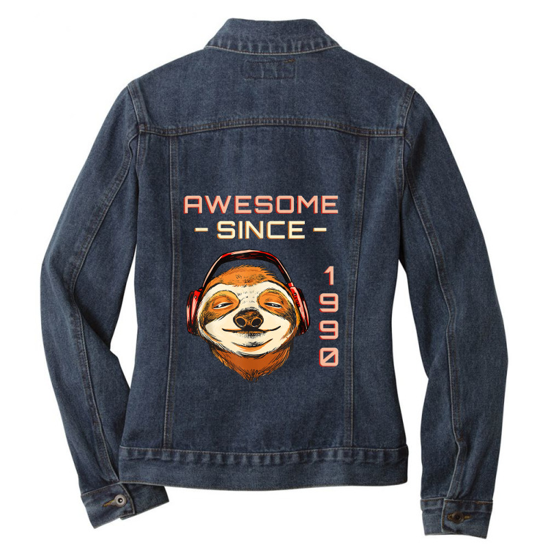 Sloth W Headphones I Awesome Since 1990   32th Birthday Ladies Denim Jacket by ThienThuong | Artistshot