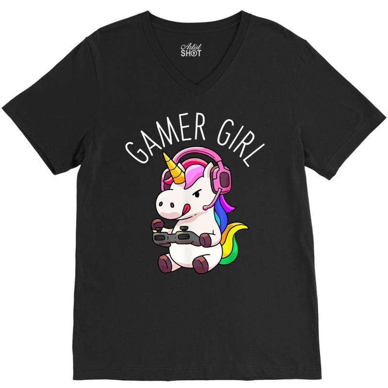 Gamer Girl Unicorn Gaming Cute Video Game Gift Women Girls T Shirt V-neck Tee | Artistshot
