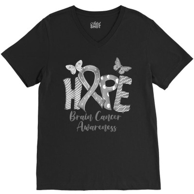 Hope Gray Ribbon Butterfly Brain Cancer Awareness T Shirt V-neck Tee Designed By Tondalayachasidy