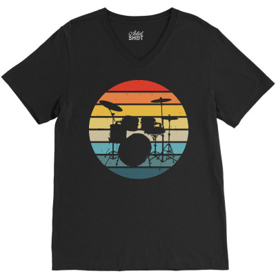 Drummer T  Shirt Bass Drums Silhouette On A Distressed Retro Sunset Gr V-neck Tee Designed By Palehulking