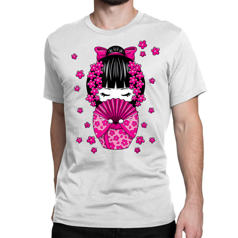 Kawaii Kokeshi Doll With Japanese Cherry Blossom Flowers T Shirt Classic T-shirt | Artistshot