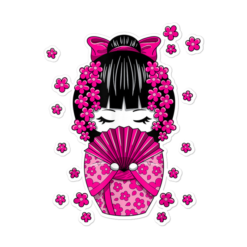 Kawaii Kokeshi Doll With Japanese Cherry Blossom Flowers T Shirt Sticker | Artistshot